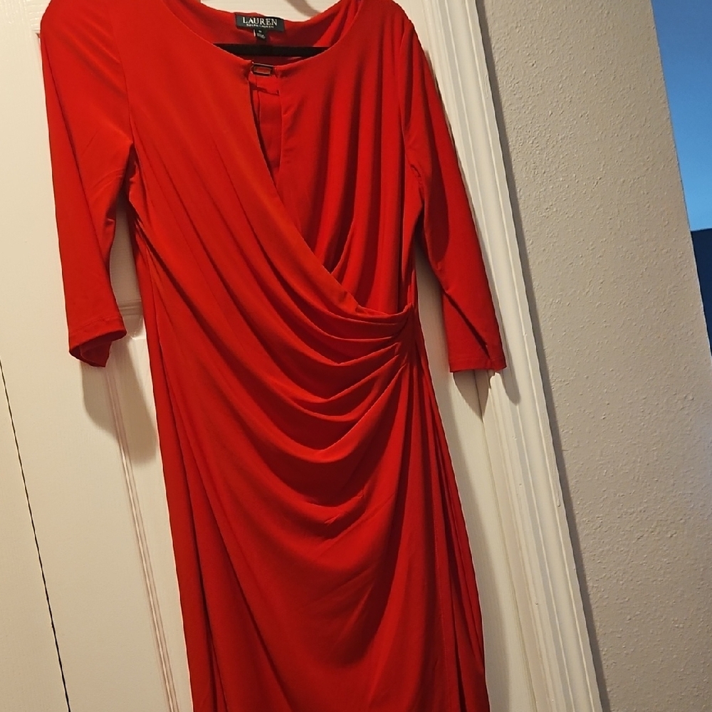 Lauren Ralph Lauren  Red Faux Wrap Midi Dress Jersey Stretch